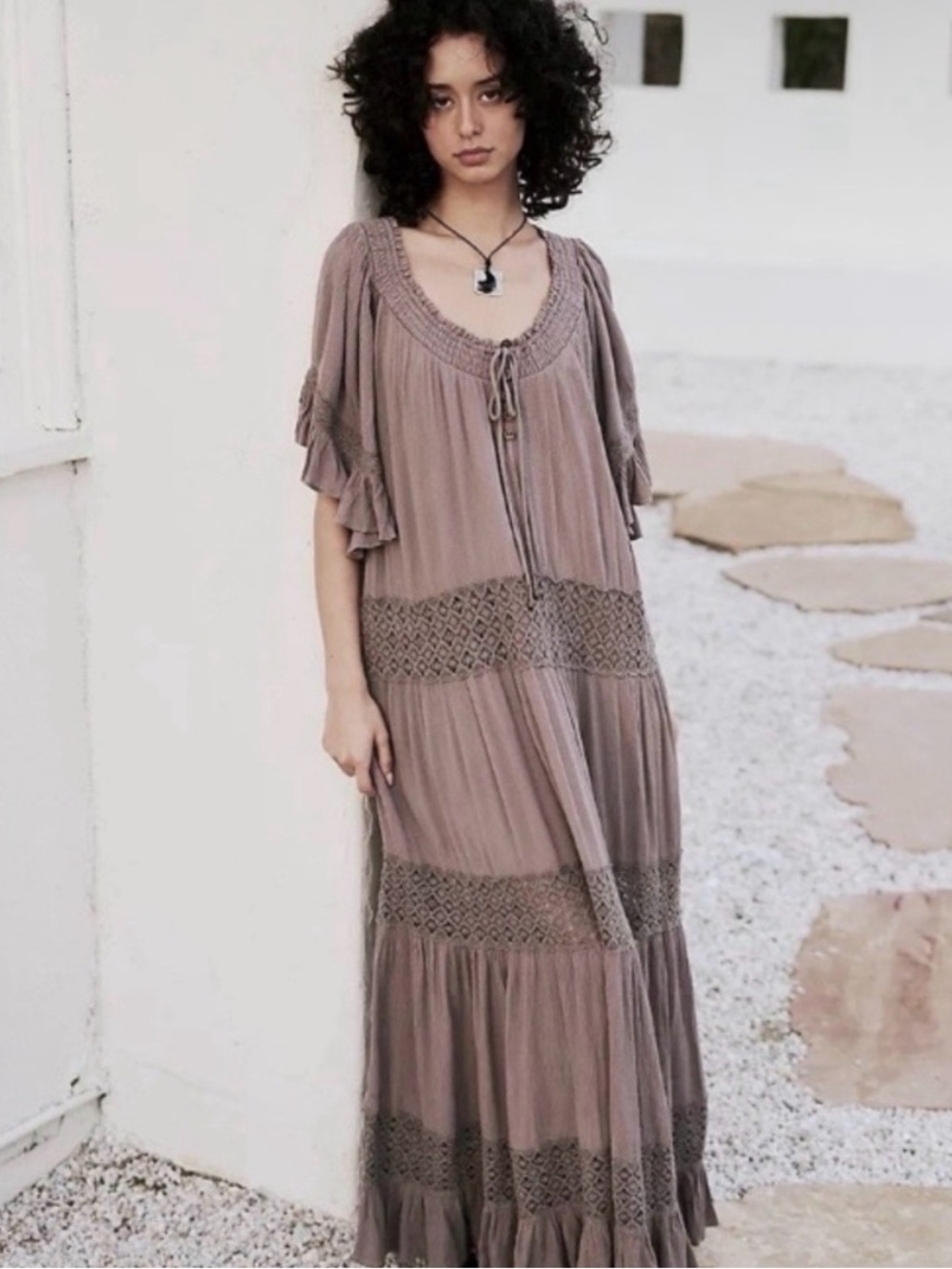 Free People Dream On Embroidered Lace Maxi Dress Petrified Wood/Gray